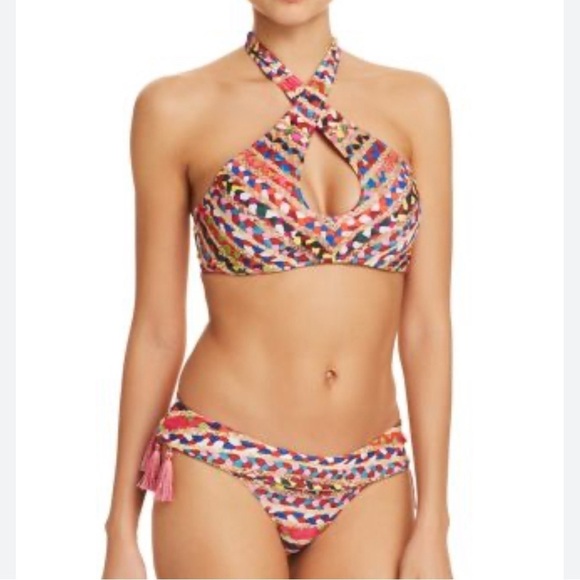 Sam Edelman Wireless Bikini Swim Top And Bottoms S Front Cross Keyhole Raffia - Picture 1 of 14